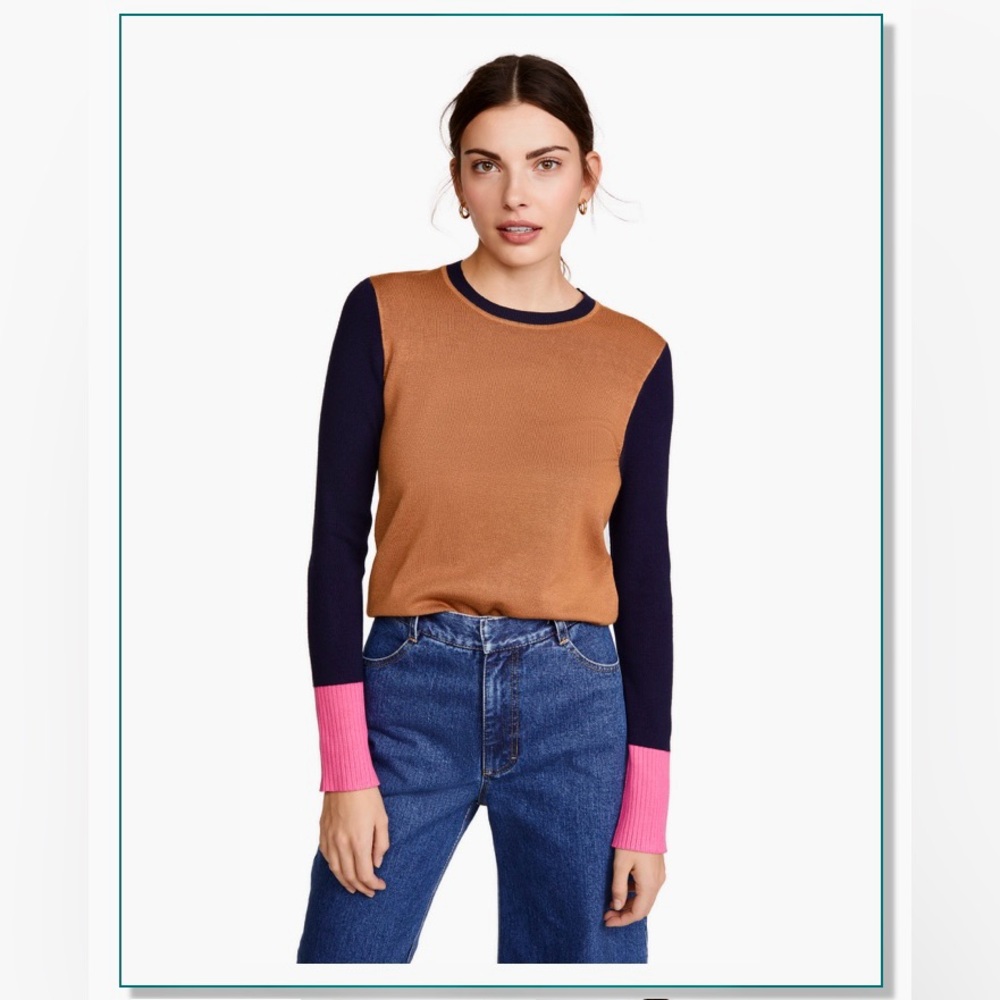 NWT Shopbop HEARTMADE Julie Fagerholt Kyrit Colorblock Sweater L Camel/Navy/Pink